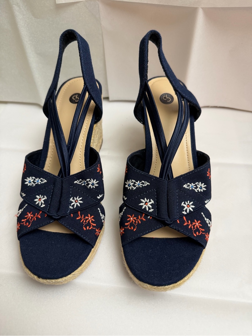 Dress Barn Navy Embroidered Espadrille Wedge Sandals